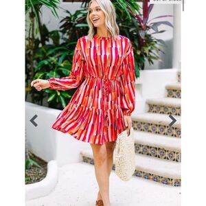 Jodifl Stick With It Ruby Red Abstract Dress S Small Waist Tie Ruffle‎ Sleeve